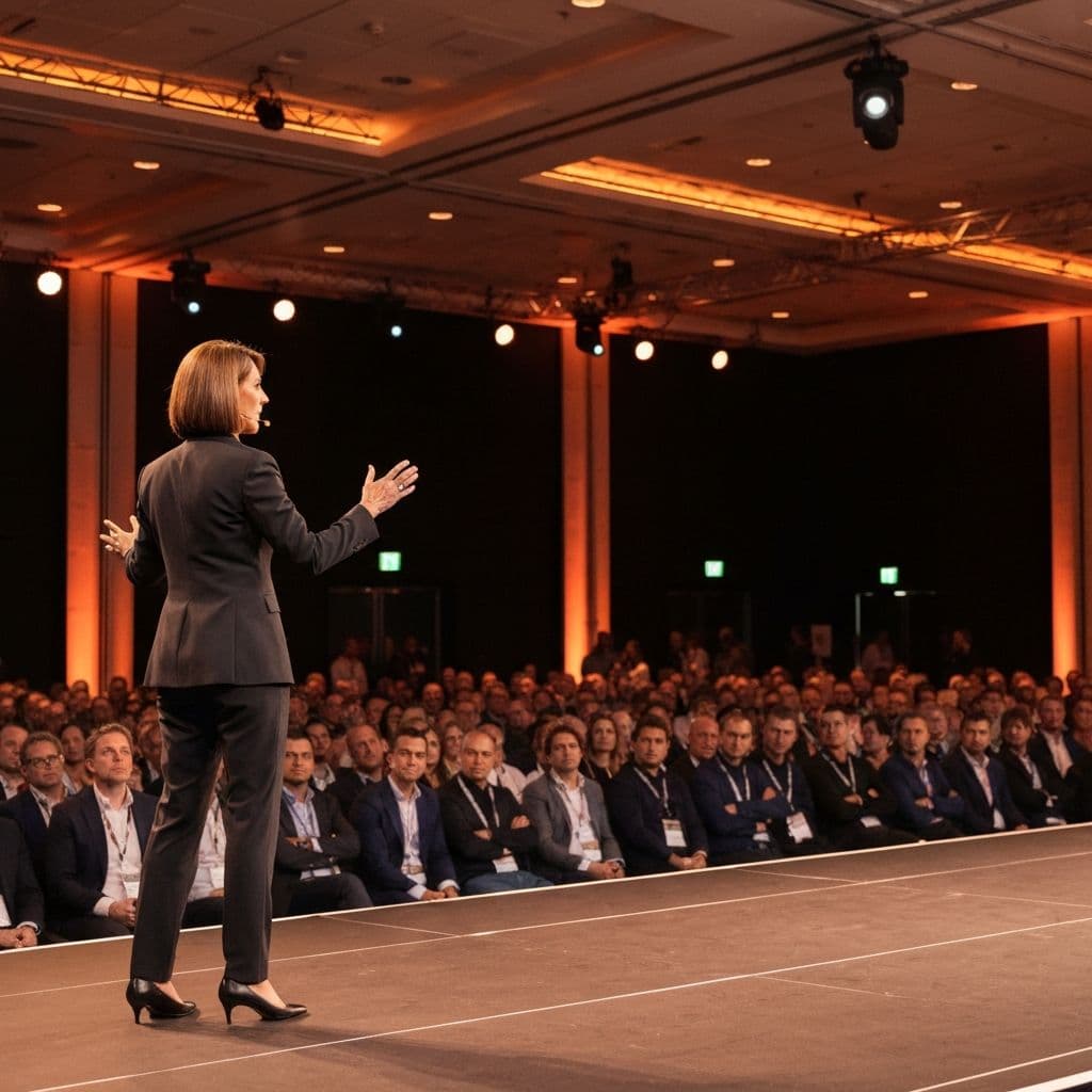 Kate Williams speaking on stage at a corporate conference